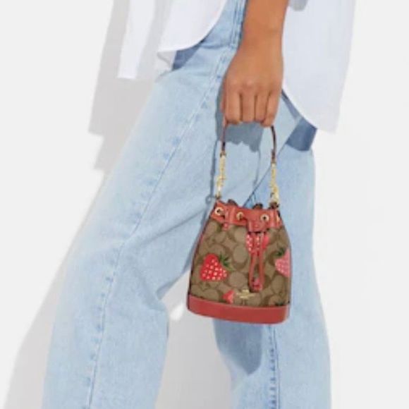 NWT COACH Mini Dempsey Bucket Bag Signature Canvas Wild Strawberry Print CH164 - Picture 7 of 12